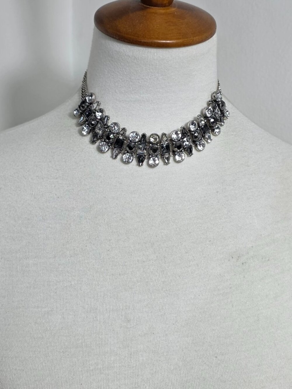 VTG Statement Bib Necklace Silver Tone Smoke Gray Clear Rhinestone Crystal Bling